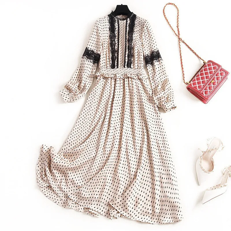 

2020 Spring Dress New Fashion Woman Clothes Elegant Long Sleeve Polka Dot Print Ruffle Lace Patchwork Aline Chiffon Dress Casual