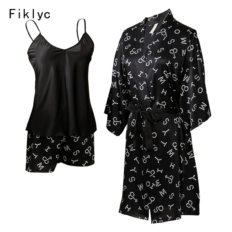 

Fiklyc Three Piece Women's Letter Print Bathrobes + Pajamas Sets Short Pants Summer Sleepwear Lounge Nighty Lingerie Home Cloth