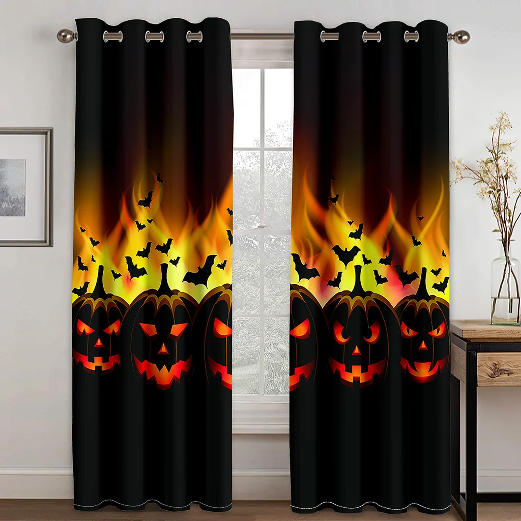 

Home Grommet curtains Living Room Bedroom Decoration Black Silk Cloth Curtains Halloween Flame Pumpkin Pattern Printing