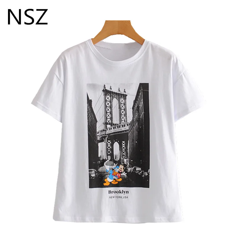 NSZ Женская хлопковая белая футболка Летняя с круглым воротником и короткими