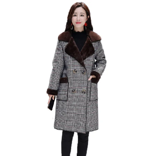 

Loose thick plus fleece coat ladies mid-length over-the-knee plaid coat