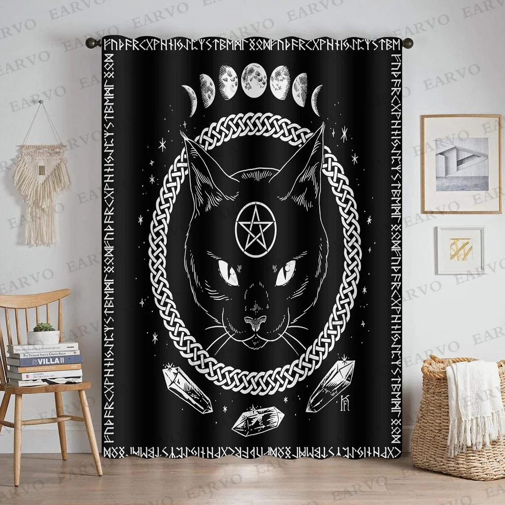 

Satanic Cat Pentagram Death Shower Curtain， Four Eyes Cat Moon Planet Bathroom Waterproof Polyester for Creative Home Decor