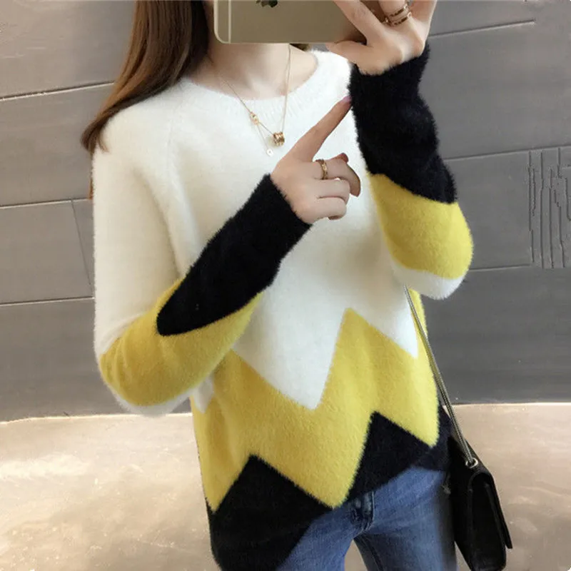 2021 Autumn And Winter New Water Velvet Sweater Women's Head Loose Color Matching Short Knit Bottoming Shirt Tide | Женская одежда