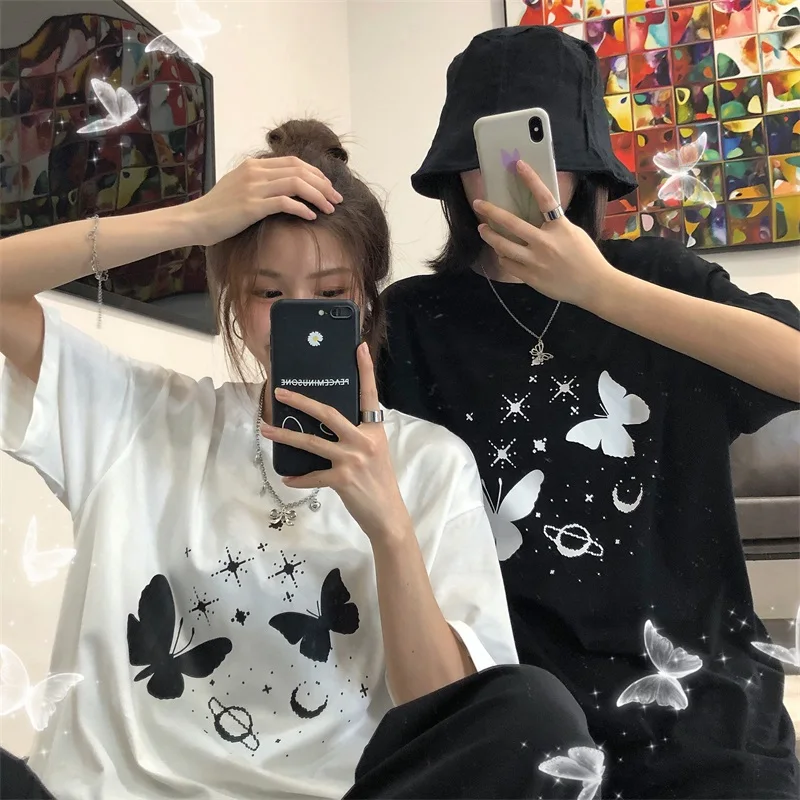 

Female Korean Harajuku Butterfly Print Short Sleeve T-shirt Women's T-shirts Tops Japanese Kawaii Ulzzang Clothes for Women