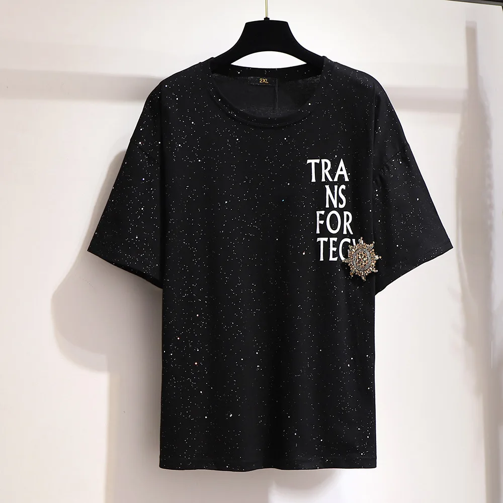 

Plus Size Summer Femme T-shirts Short Sleeve Letters Loose Black Tees Shirt Streetwear Gothic Women Clothing Tops FY