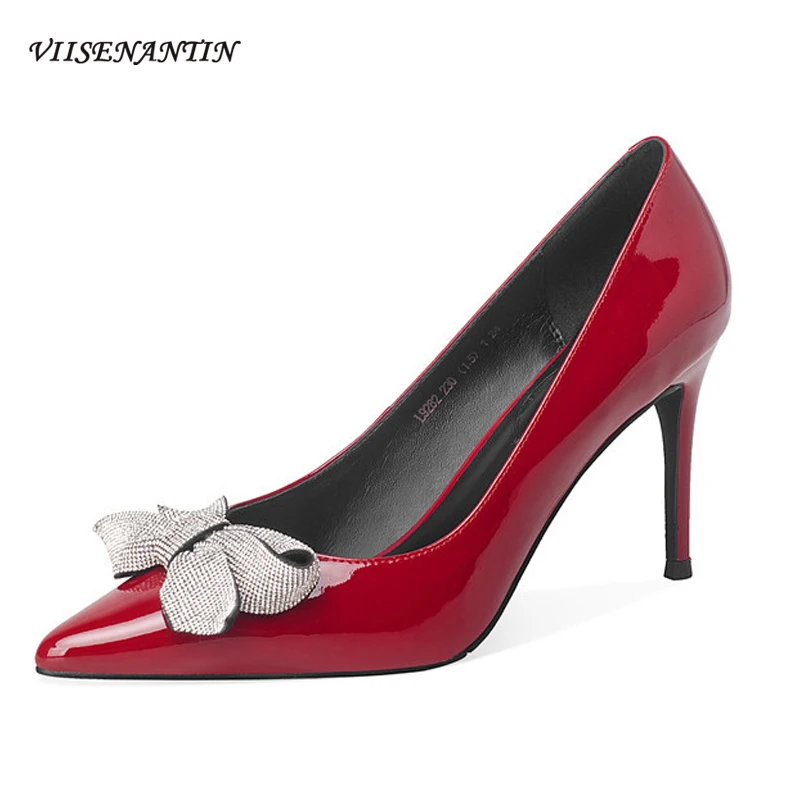 

2021 autumn all-match temperament pointed bow rhinestone red wedding shoes patent leather stiletto high heel single shoes women