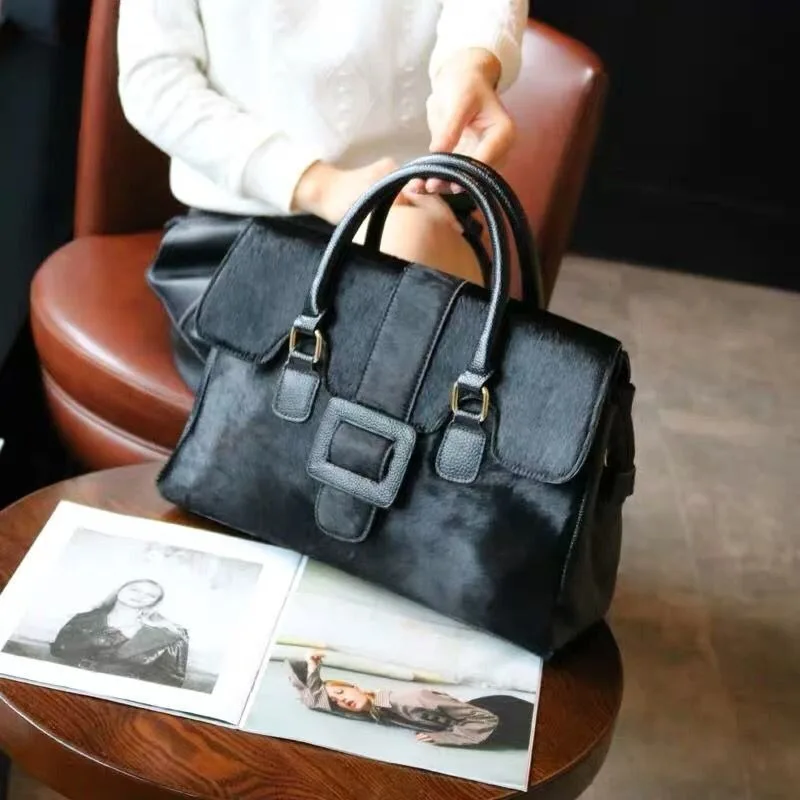 

2021 new leather women's bag horse hair bag cow leather Boston fur handbag slanting across Korean women's handbag luxury bags