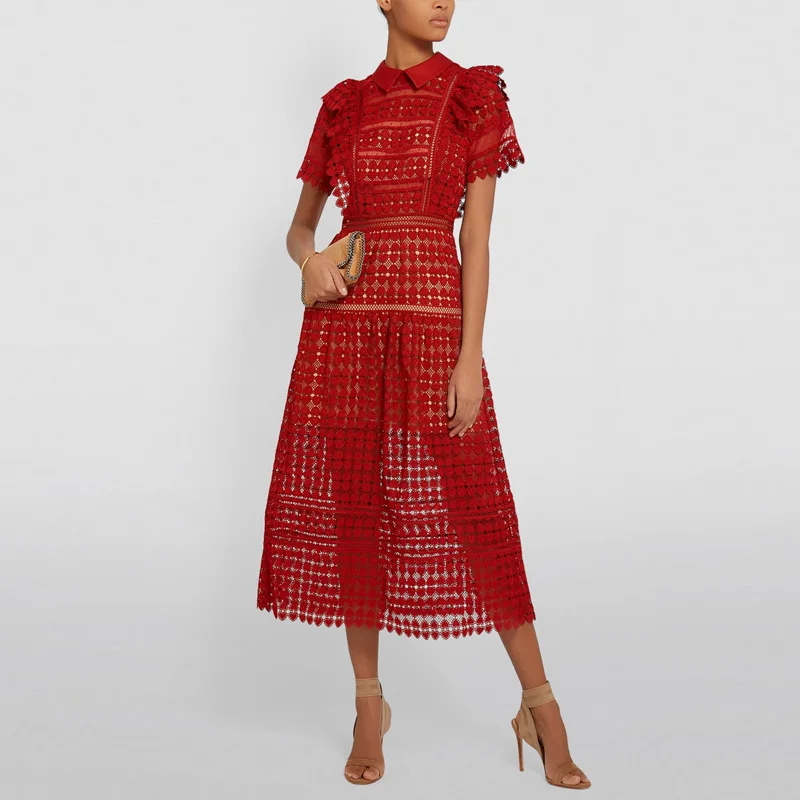 Red Christmas Dress 2020 New Year Party Women Cute Peter Pan Collar Hollow Out Ruffles SHort Sleeve Heart Lace Long | Женская одежда