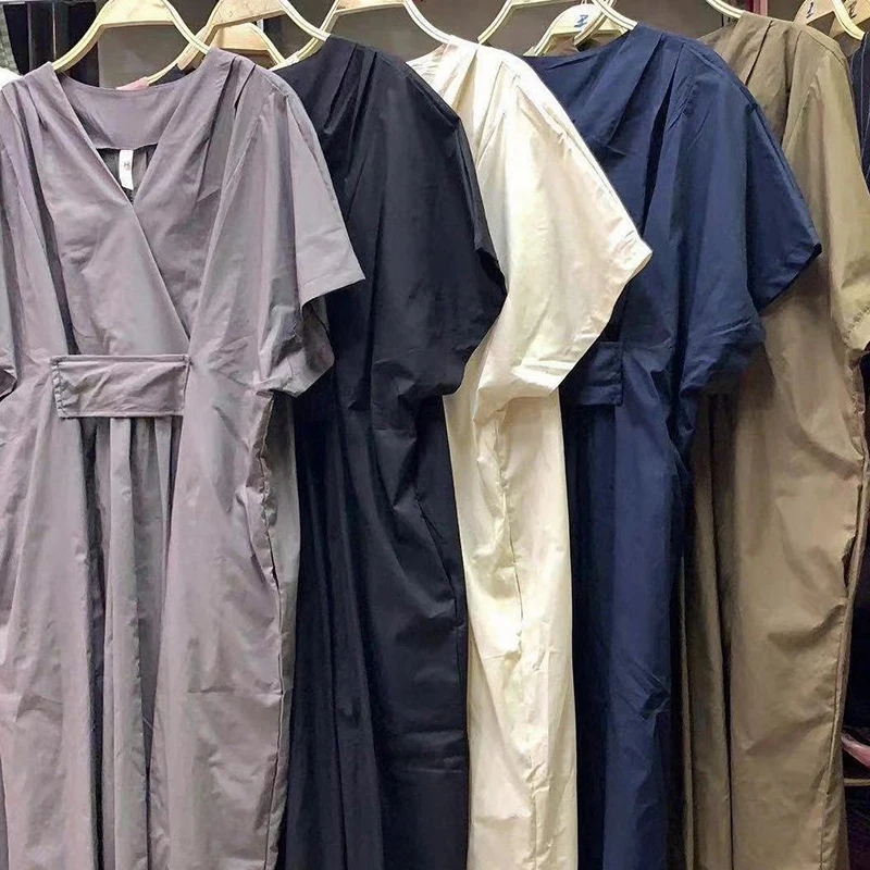 

GALCAUR Elegant Dress For Women V Neck Short Sleeve Loose High Waist Ruched Mid A Line Dresses Female 2021 Summer Clothes Style