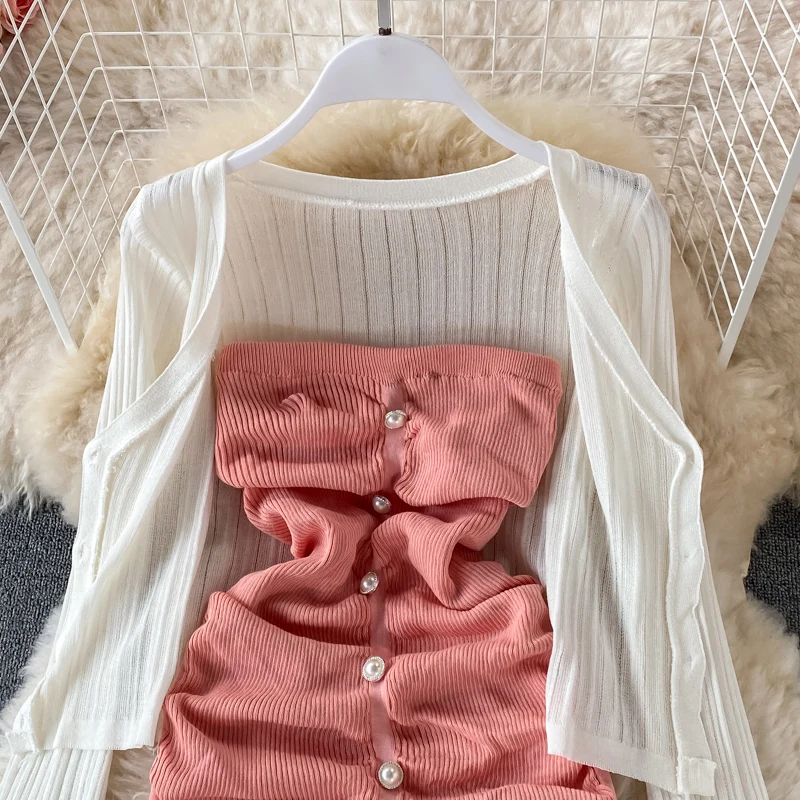 

New Women Spring Summer 2-piece Suit Mini Short Strapless Pleated Knitted Dress + Thin Sunscreen Cardigan Shirt Two Pieces Sets