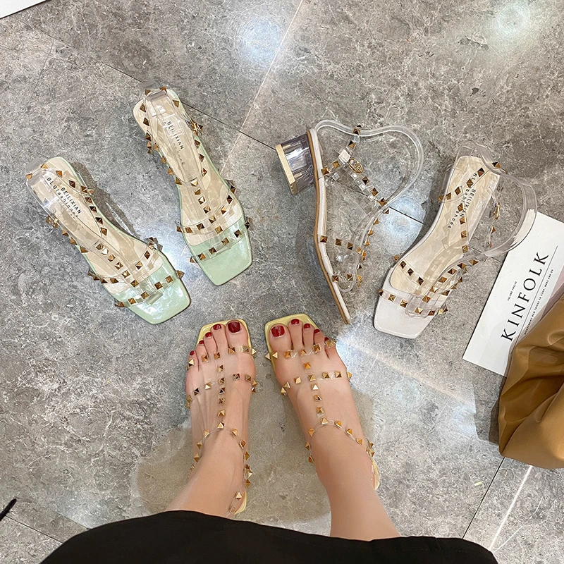 Luxury Brand Design Summer High Heels Women's Clear Heel Sandals Mid-heel Sexy Open Toe with PVC Buckle Strap Rivet Square | Обувь