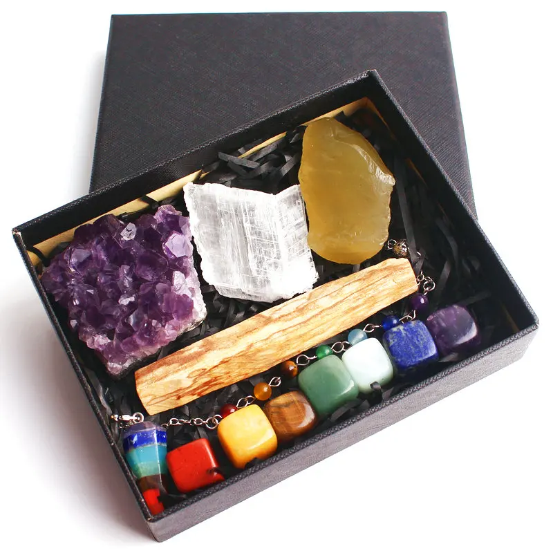 

7 Chakra Natural Crystal Stones Pendulum Amethyst Cluster Celestite Rough Colorful Mineral Specimens Healing Collection Gift