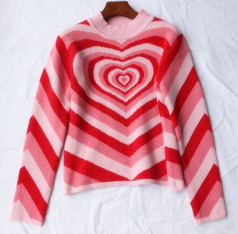 Sweet cute kawaii streetwear gradient pink heart kaleidoscope sweater women knitting pullovers | Женская одежда