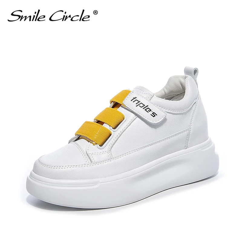 Женские кроссовки Smile Circle белые модные из натуральной кожи на плоской платформе с