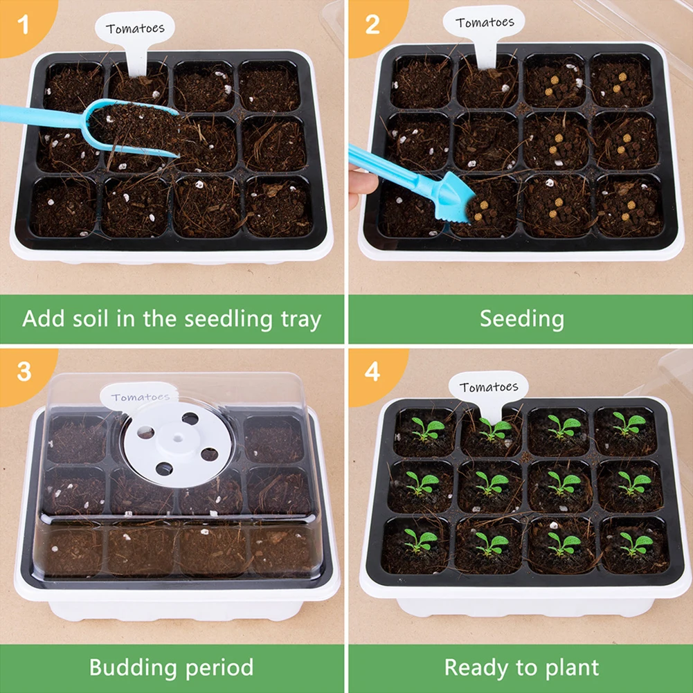 

Labels 12 Grid Plant Starter Tray Kit Gardening Supplies Propagator Breathable Holes Flowers Vegetables Adjustable Dome Base