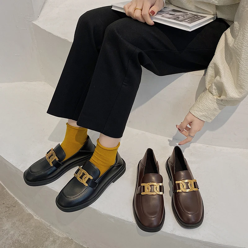 

Casual Woman Shoe Female Footwear British Style Slip-on All-Match Autumn Soft Loafers With Fur Square Toe Oxfords Dress Preppy S