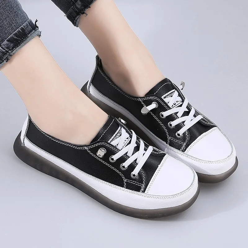 

Genuine Leather Women Casual Shoes Spring Fashion New Flats Lace Up Sneakers Black Leisure Shoes Comfortable Driving Shoes Lady