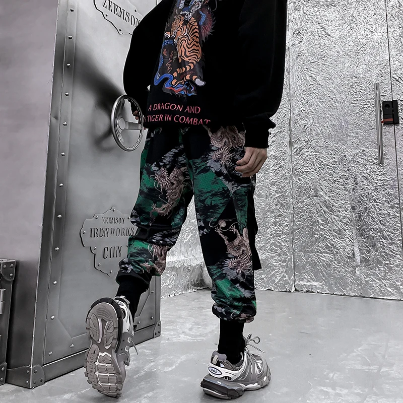 Camo Dragon Print Cargo Harajuku штаны шаровары с несколькими карманами для бега мужские