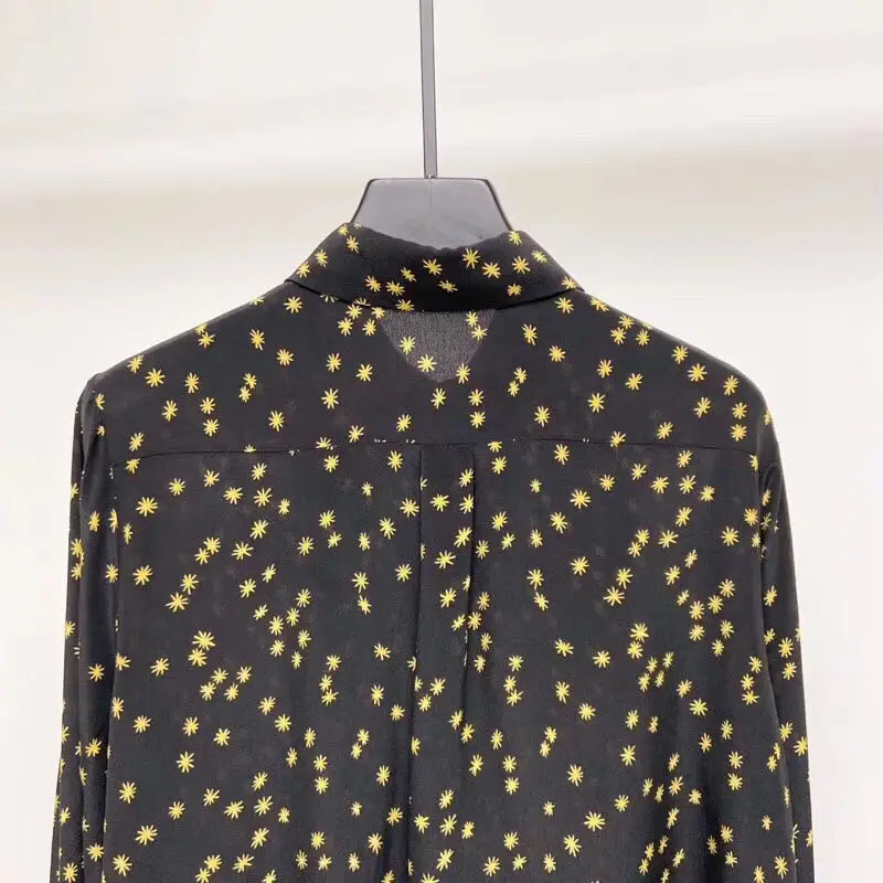 

100% Silk Brand Fashion Women High-end Luxury Spring Autumn Vintage Star Print Long-sleeved Shirt Blouse