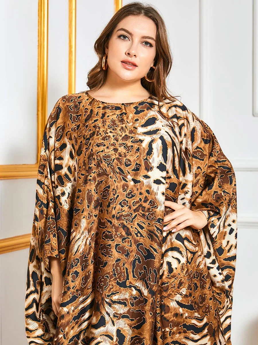 

Oversized Loose Leopard Print Bat Sleeve Robe Muslim Dubai Long Sleeve Women Dress
