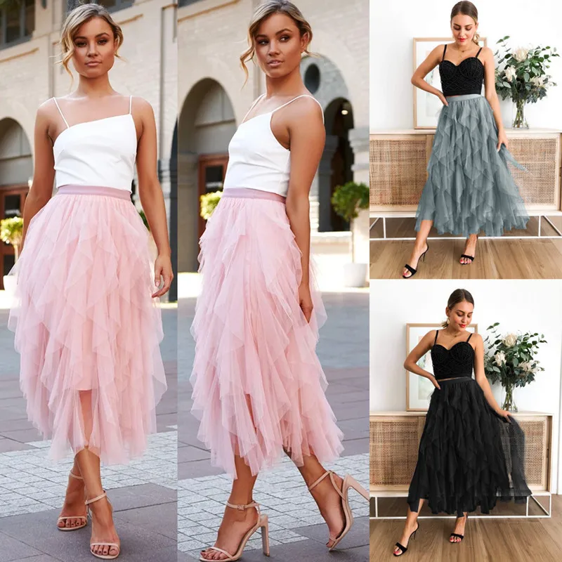 

Women irregular Tulle Skirts Fashion Elastic High Waist Mesh Tutu Skirt Pleated Long Skirts Midi Skirt Saias Faldas Jupe Femmle