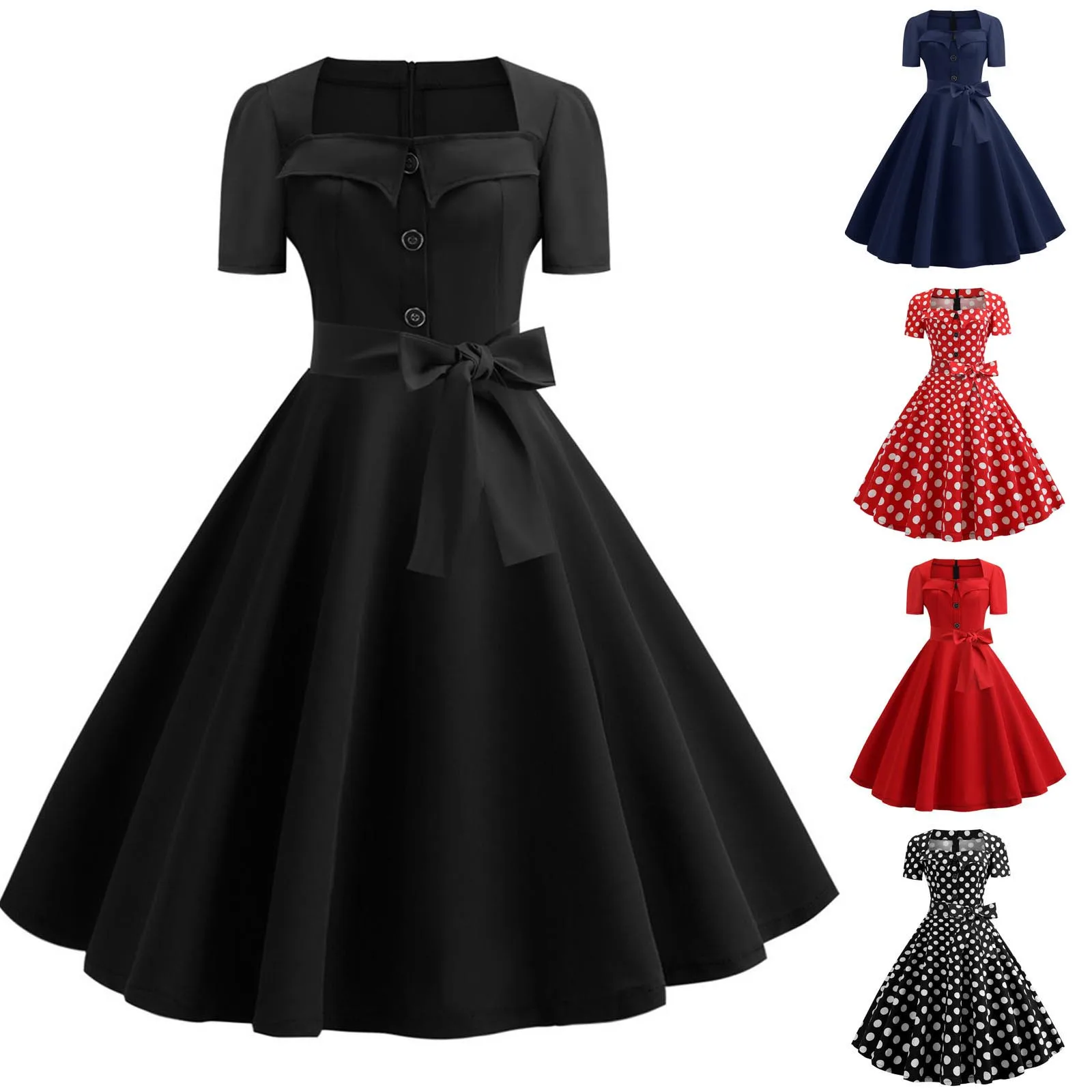 

Платье женское ТРАПЕЦИЕВИДНОЕ с бантом, модное однотонное вечернее платье на пуговицах, с коротким рукавом, вечерние квадратным вырезом, в ...