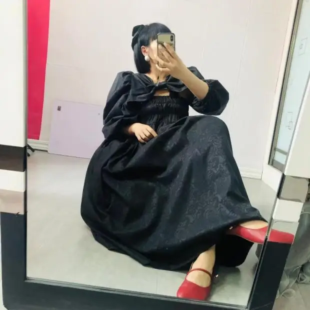 

SuperAen 2021 Bow Shoulder Dress Black Ladies Big Size Puff Sleeve Casual Long Dress Loose Women Dresses Summer