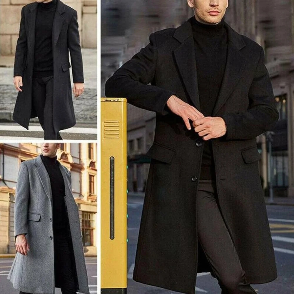 

Men Solid Woolen Trench Coat Overcoat Formal Thick Warmer Long Jacket Outwear
