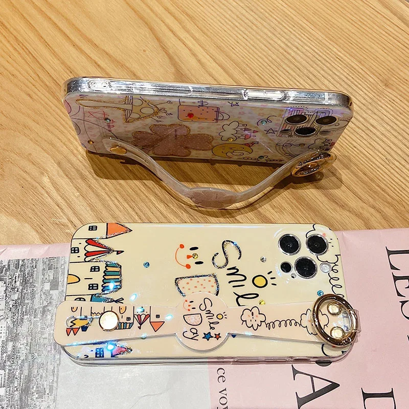 Luxury Cartoon Epoxy Suitable Case For Iphone 14 13 12 11 Pro Max Mini XSMAX Wristband Cute Lens Protection Phone Holder Cover