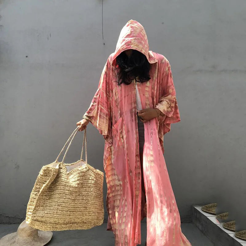 

2021 Bohemian Printed Women Beach Dress Bathing Suit Cover Up Summer Tunic For Women Hooded Beachwear Robe De Plage Kaftan