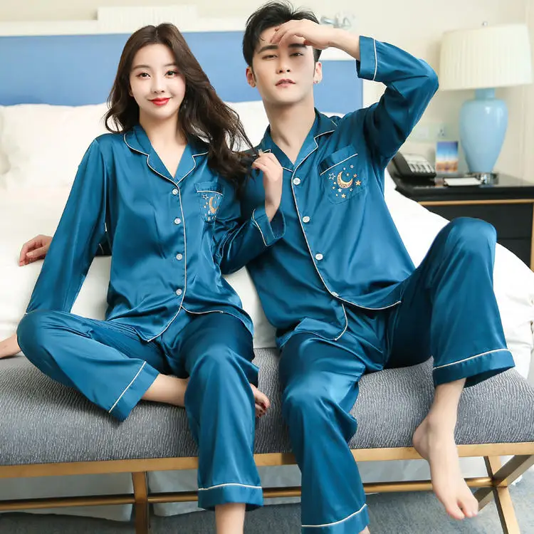 CAIYIER Moon Print Couple Silk Satin Pajamas Set Long Sleeve Trousers Sleepwear Men & Women Winter Luxury Nightwear Home Clothes