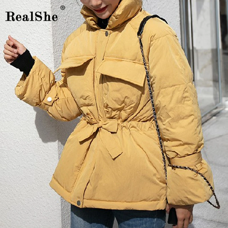RealShe Зимняя женская парка стоячий воротник длинный рукав карманы бант женские