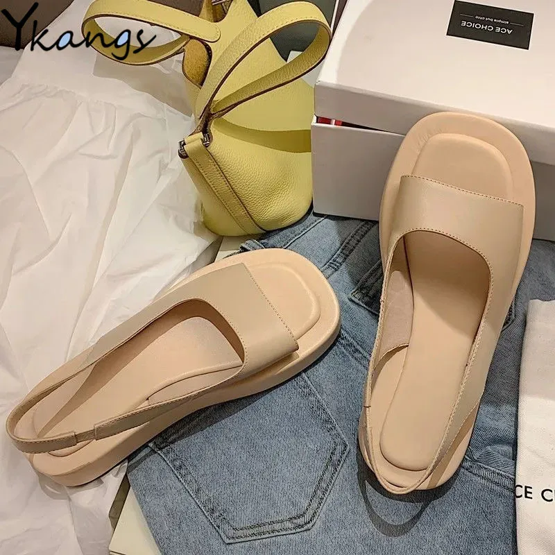 

Сандалии женские на толстой подошве, ПУ кожа, летние дышащие быстросохнущие пляжные босоножки, мягкая кожа, плоская подошва, римские сандал...