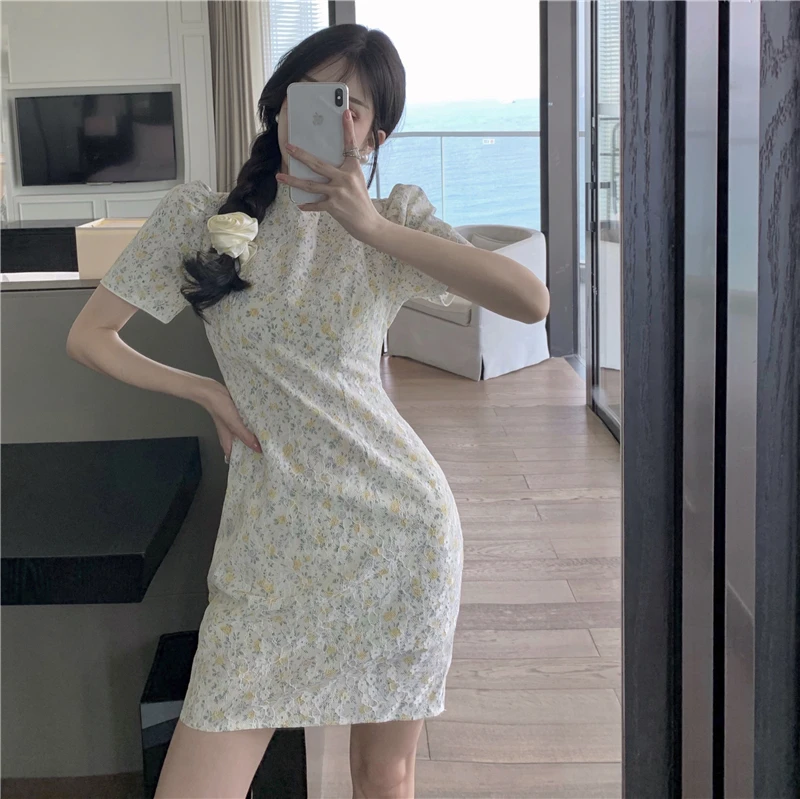 

Make summer chic modified cheongsam dress female lace collar cultivate one's morality floral bag hip skirt