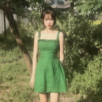 sling dress with wooden ears 2021 summer retro square neck lace cute sweet mini short dress green suspender backless dresses