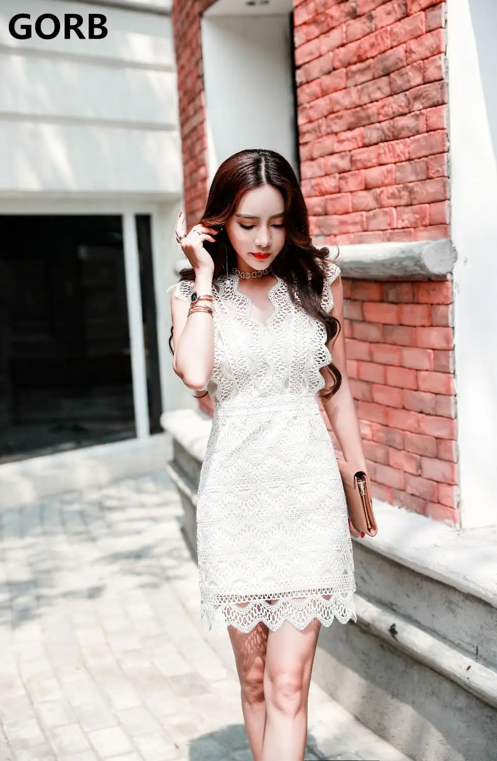 Dropshipping GORB Europe Summer Hot Sale Fashion Brand High Quality Women White Sleeveless Runway Lace Dress | Женская одежда