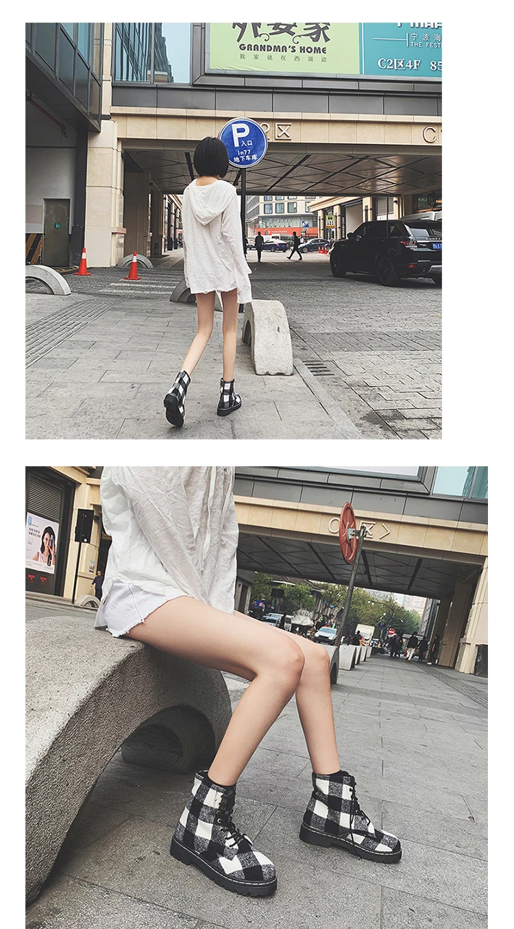 Winter Luxury Designer Patchwork Plaid Boots British Style Women Thick Heels Martin Boots Chic Plus Velvet Ladies Lace Up Shoes