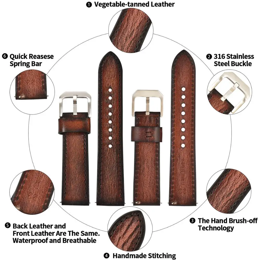 BEAFIRY Genuine Leather Watch Band 18mm 20mm 22mm 24mm Quick Release Watch Straps Watchbands Belt Brown Blue  Grey for Men Women