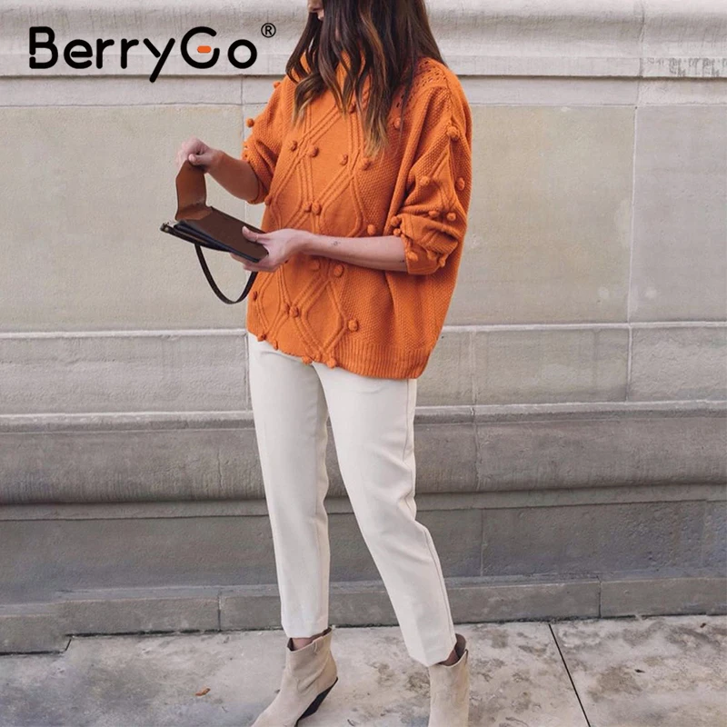 BerryGo Turtleneck pure woman sweater knitted pullovers Long sleeve loose vintage Autumn white jumper knitwear female | Женская одежда