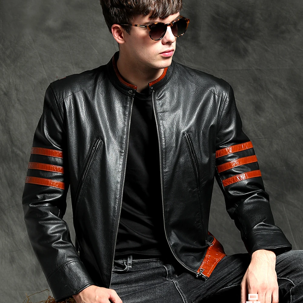 Мужская тонкая куртка из натуральной кожи с длинным рукавом черная овчина 100%