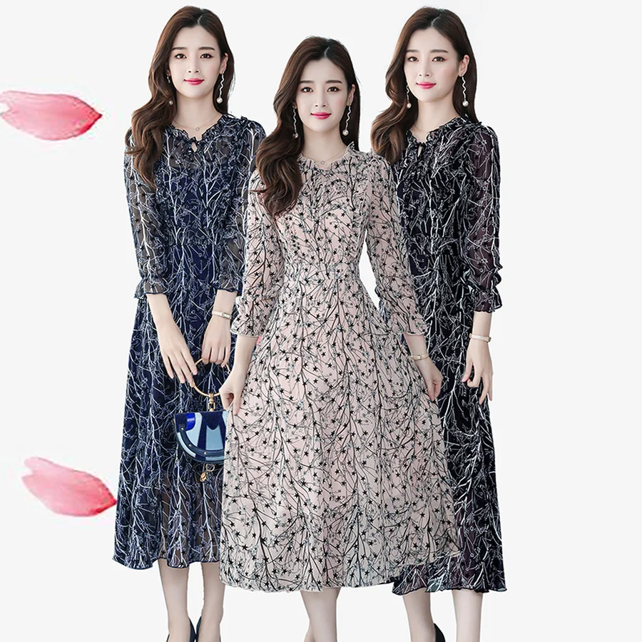 

2021 Vintage Print Chiffon Lady Maxi Dresses Autumn Winter 3XL Plus Size Long Sleeve Dresses Women Bodycon Party Classy Vestidos