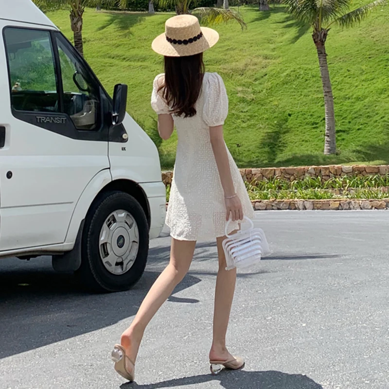 

Beach Tropical Runway 2021 Dresses Mini Apricot Summer Women Dress Elegant Vintage Casual Party Vacation Short Dresses