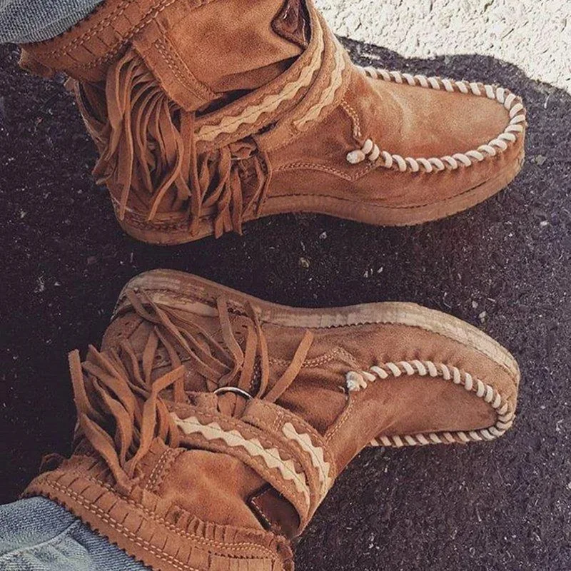 Fringe Middle Boots Women Sexy Tassel Boots Fashion Buckle Motorcycle Boots Flat Heel Boot Women Cowboy Style Bota Feminina
