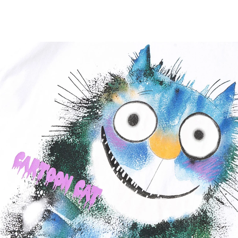 

ELKMU Streetwear Harajuku T-shirt Cute Cat Print Hip Hop Men Summer Short Sleeve Tshirts Fashion Tops Tees Black Shirts HE795