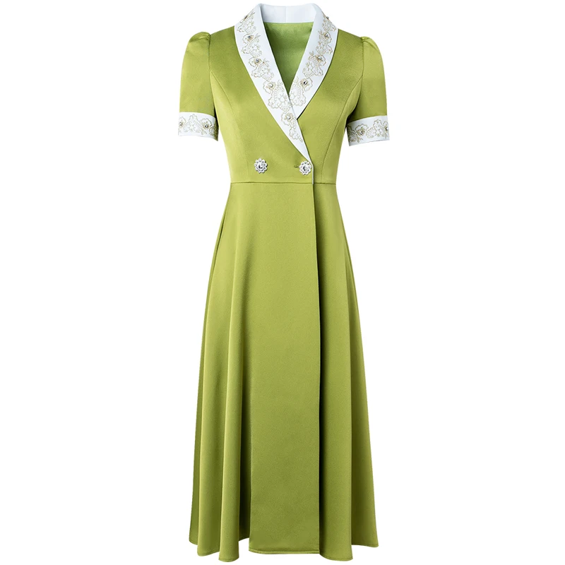 

Fashion Women Short Sleeve Mid Calf Aline Office Dress Summer Designer Festa Lady Party Vestidos