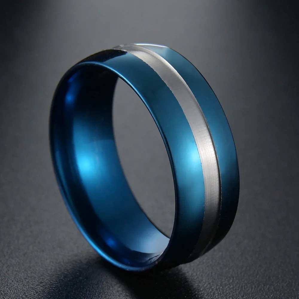 

Titanium Stainless Steel Rings for Men High Polished Silvery Groove Blue Ring Women Jewelry High Quality Never Fade