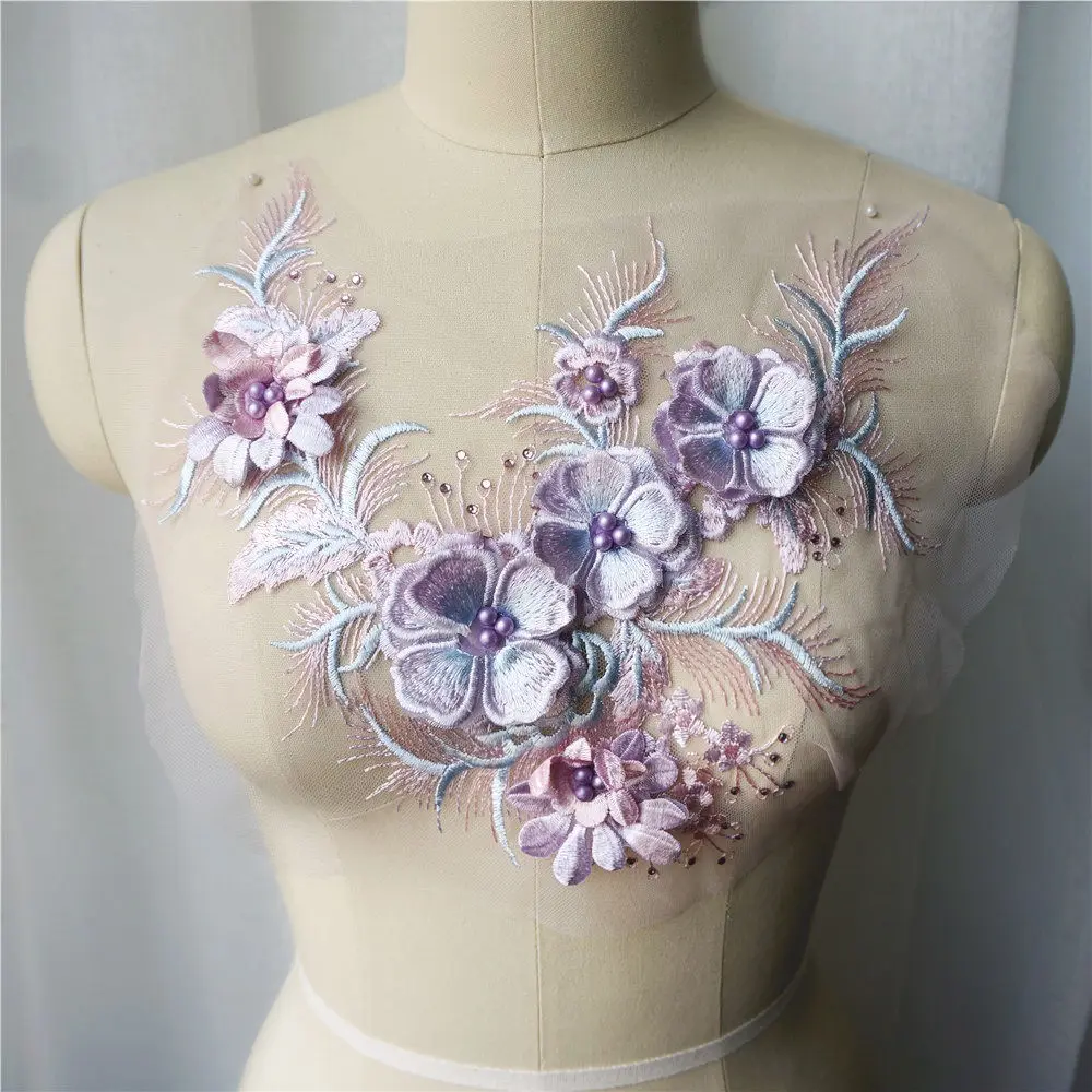 Фиолетовая 3D Цветочная кружевная ткань бусины Стразы кисточка вышитая одежда