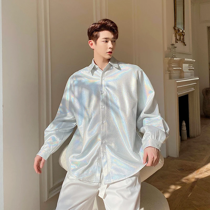 Голографическая рубашка радужного цвета блестящая с длинным рукавом мужская