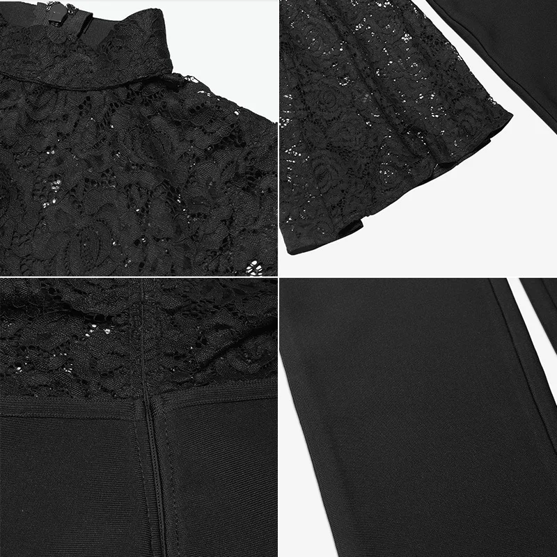 

Sexy Hollow Lace Bandage Jumpsuit 2021 New Spring Runway Women's Jumpsuit O-neck Red Black Bodycon Flare Long Sleeve Jumpsuit