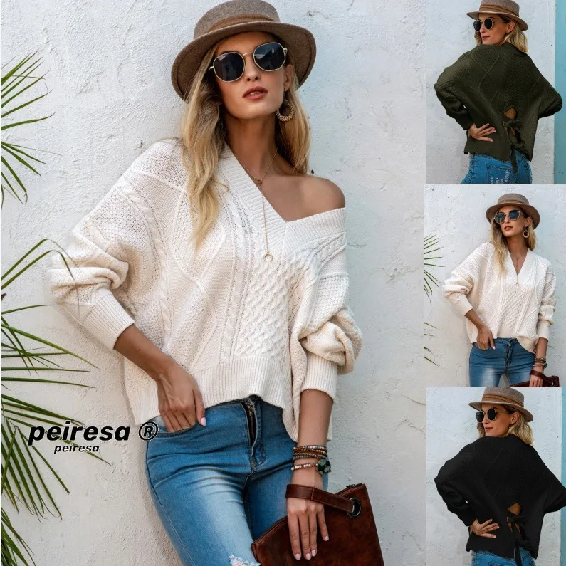 

Sweaters for Women Fashion V-Neck Solid behind Lace up Pull over Sexy Harajuku Sweater Womens Winter Vintage Sweaters fall 2021